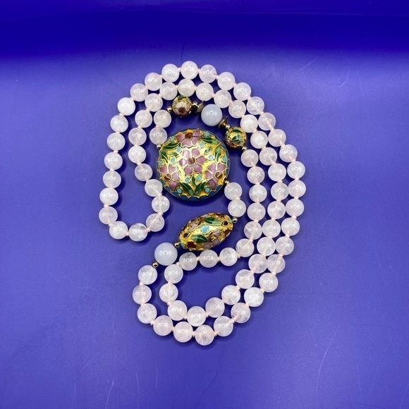 Vintage Snow-White Quartz & Cloisonne Beads Necklace Long - Picture 6 of 7